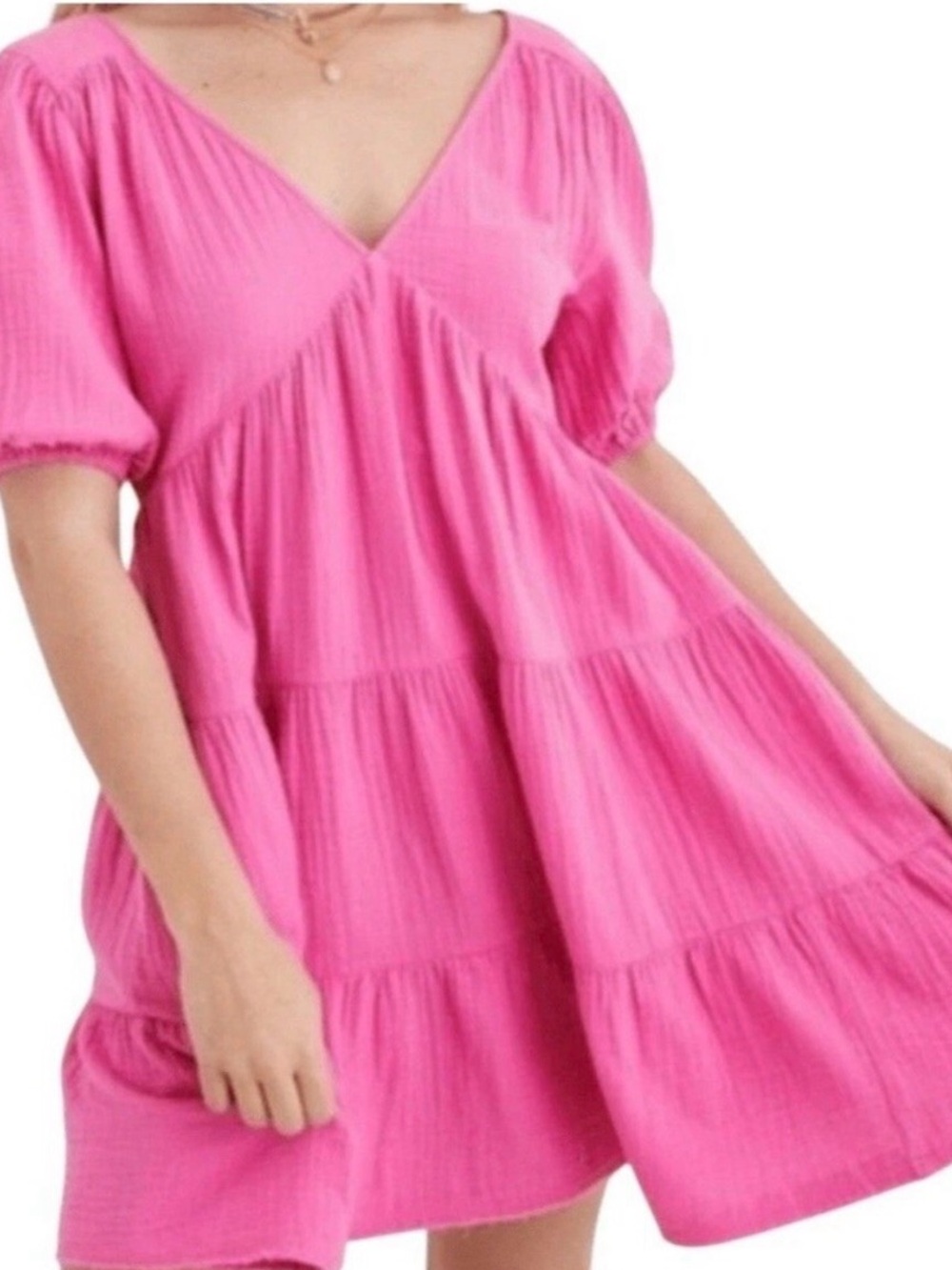Aerie Pink Gauze Tiered Babydoll Mini Dress Puff Sleeve Small Cottagecore